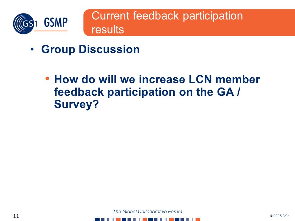 ©2005 GS1 11 The Global Collaborative Forum Current feedback participation results Group Discussion How do will we increase LCN member feedback participation on the GA / Survey