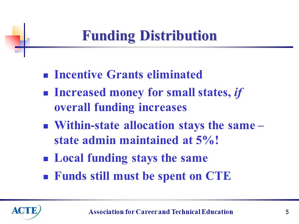 Association for Career and Technical Education 5 Funding Distribution Incentive Grants eliminated Increased money for small states, if overall funding increases Within-state allocation stays the same – state admin maintained at 5%.