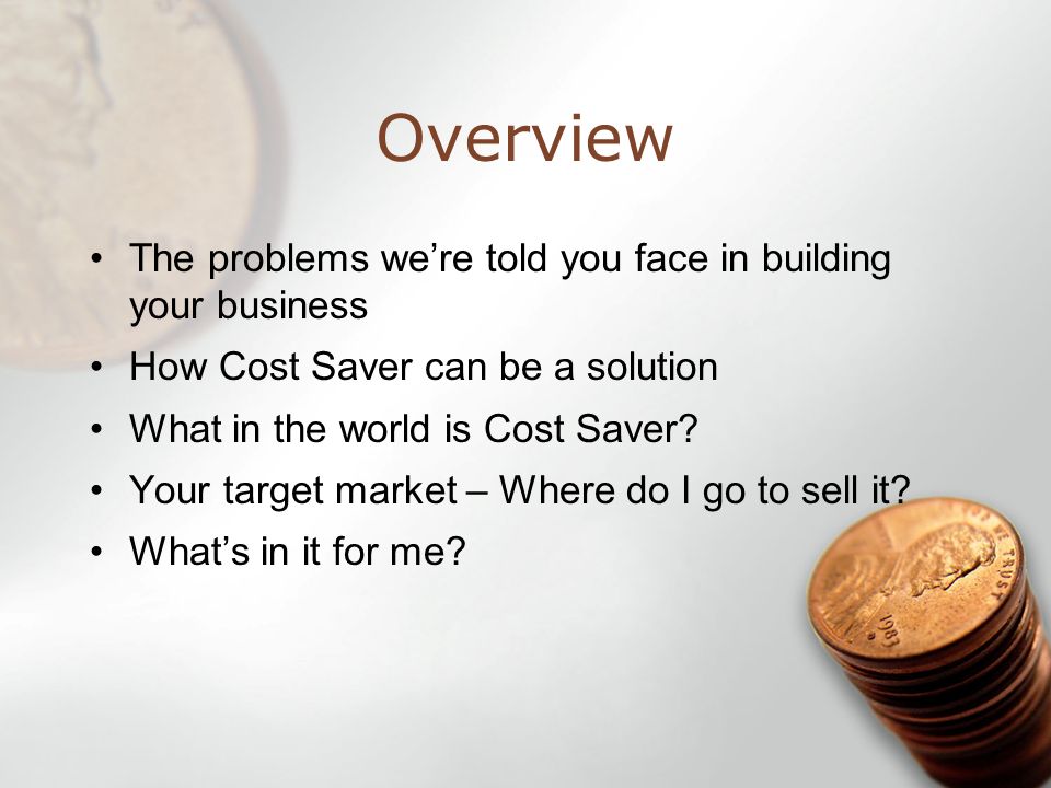 Overview The problems were told you face in building your business How Cost Saver can be a solution What in the world is Cost Saver.