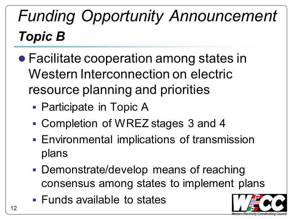 12 Funding Opportunity Announcement Topic B Facilitate cooperation among states in Western Interconnection on electric resource planning and priorities Participate in Topic A Completion of WREZ stages 3 and 4 Environmental implications of transmission plans Demonstrate/develop means of reaching consensus among states to implement plans Funds available to states