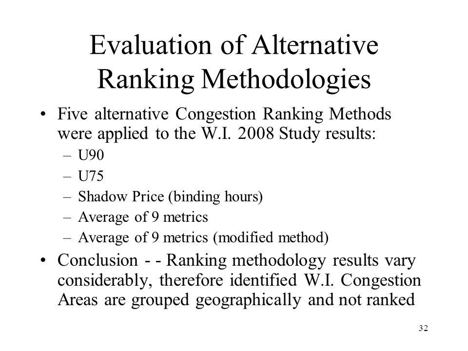 32 Evaluation of Alternative Ranking Methodologies Five alternative Congestion Ranking Methods were applied to the W.I.