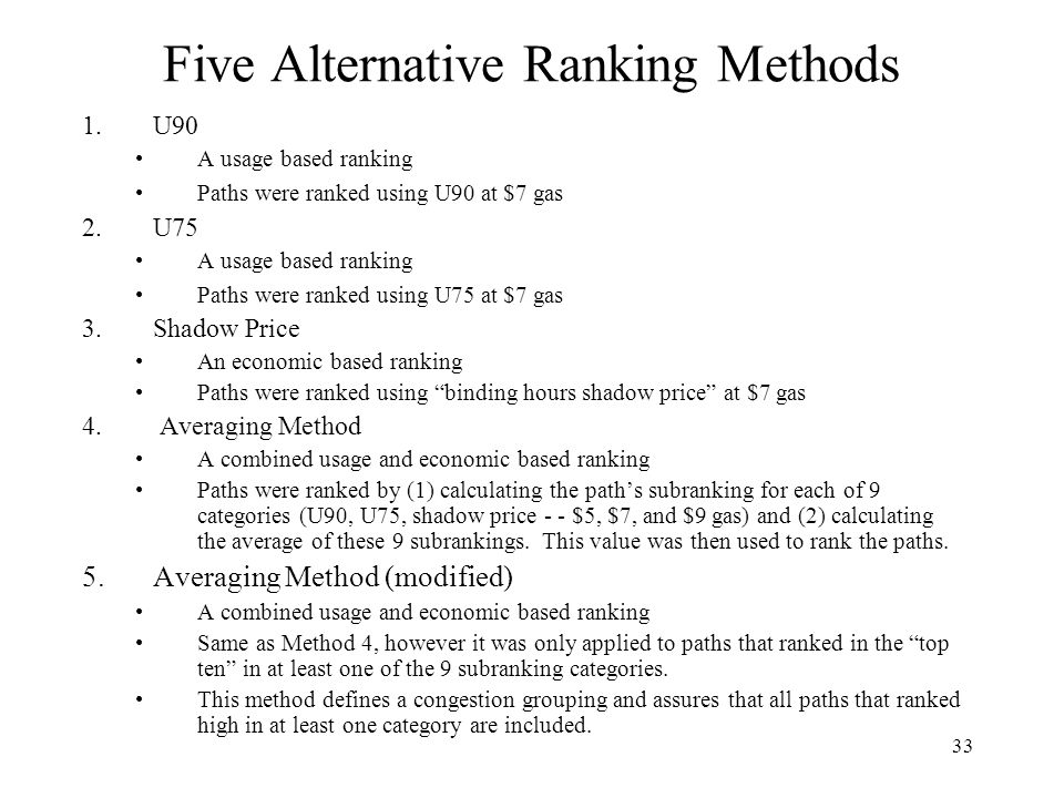 33 Five Alternative Ranking Methods 1.U90 A usage based ranking Paths were ranked using U90 at $7 gas 2.U75 A usage based ranking Paths were ranked using U75 at $7 gas 3.Shadow Price An economic based ranking Paths were ranked using binding hours shadow price at $7 gas 4.