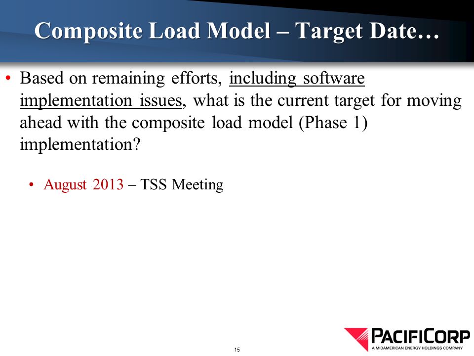 Based on remaining efforts, including software implementation issues, what is the current target for moving ahead with the composite load model (Phase 1) implementation.
