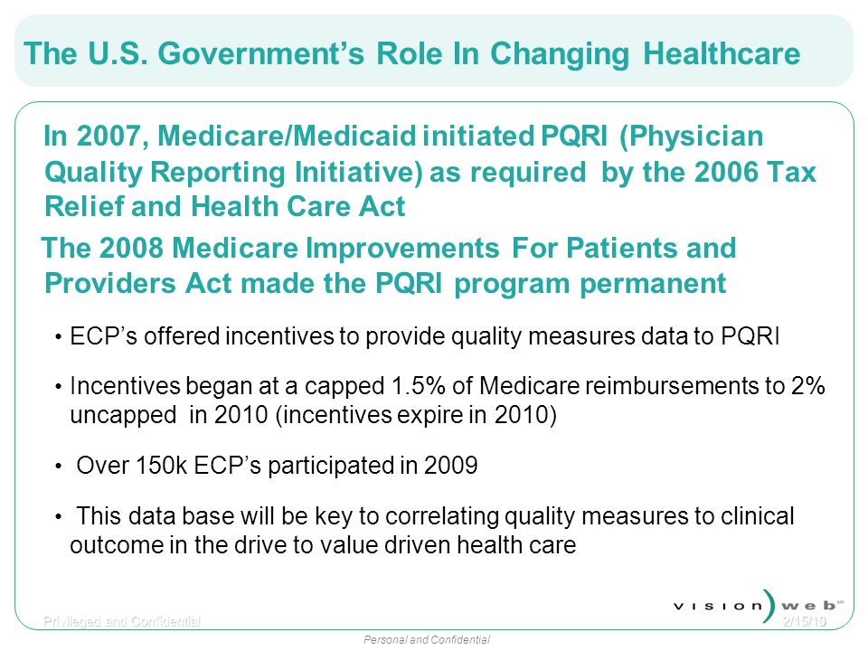 Personal and Confidential In 2007, Medicare/Medicaid initiated PQRI (Physician Quality Reporting Initiative) as required by the 2006 Tax Relief and Health Care Act The 2008 Medicare Improvements For Patients and Providers Act made the PQRI program permanent ECPs offered incentives to provide quality measures data to PQRI Incentives began at a capped 1.5% of Medicare reimbursements to 2% uncapped in 2010 (incentives expire in 2010) Over 150k ECPs participated in 2009 This data base will be key to correlating quality measures to clinical outcome in the drive to value driven health care 32/15/10 Privileged and Confidential The U.S.