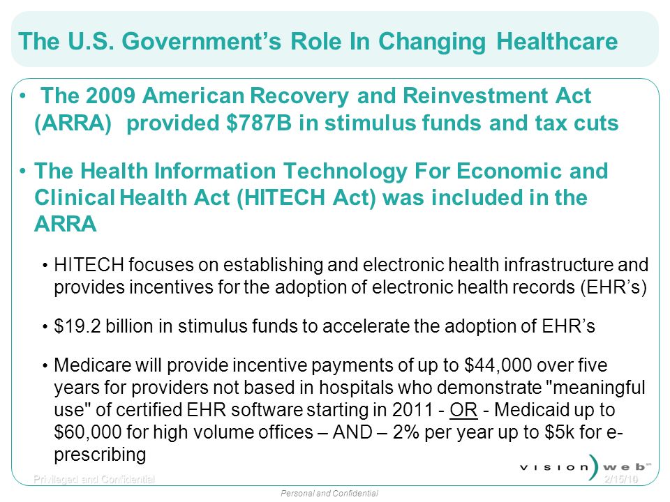 Personal and Confidential The 2009 American Recovery and Reinvestment Act (ARRA) provided $787B in stimulus funds and tax cuts The Health Information Technology For Economic and Clinical Health Act (HITECH Act) was included in the ARRA HITECH focuses on establishing and electronic health infrastructure and provides incentives for the adoption of electronic health records (EHRs) $19.2 billion in stimulus funds to accelerate the adoption of EHRs Medicare will provide incentive payments of up to $44,000 over five years for providers not based in hospitals who demonstrate meaningful use of certified EHR software starting in OR - Medicaid up to $60,000 for high volume offices – AND – 2% per year up to $5k for e- prescribing 42/15/10 Privileged and Confidential The U.S.