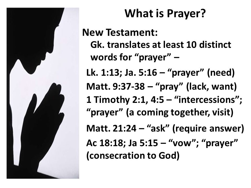 What is Prayer. New Testament: Gk. translates at least 10 distinct words for prayer – Lk.