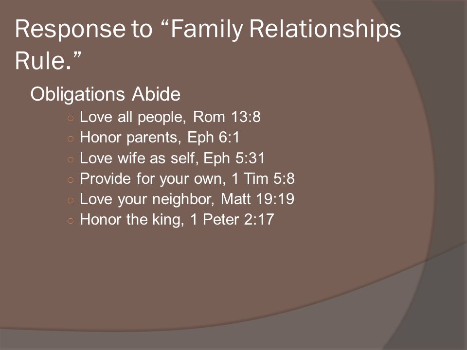 Obligations Abide Love all people, Rom 13:8 Honor parents, Eph 6:1 Love wife as self, Eph 5:31 Provide for your own, 1 Tim 5:8 Love your neighbor, Matt 19:19 Honor the king, 1 Peter 2:17