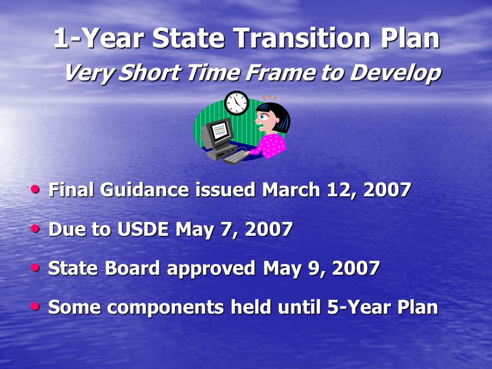 1-Year State Transition Plan Very Short Time Frame to Develop Final Guidance issued March 12, 2007 Final Guidance issued March 12, 2007 Due to USDE May 7, 2007 Due to USDE May 7, 2007 State Board approved May 9, 2007 State Board approved May 9, 2007 Some components held until 5-Year Plan Some components held until 5-Year Plan