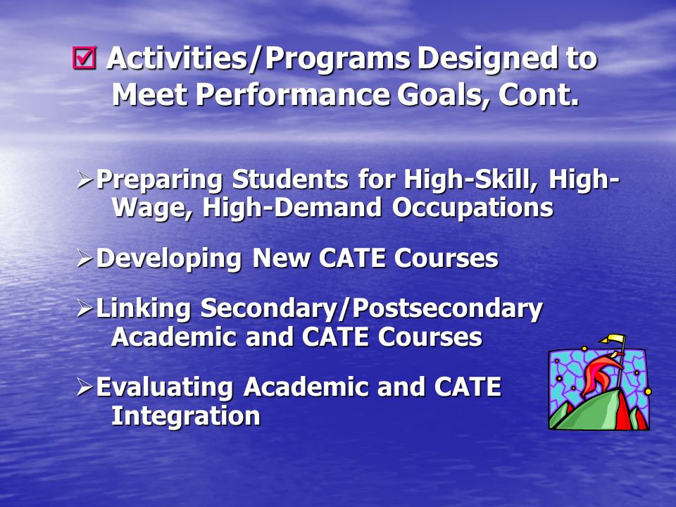 Activities/Programs Designed to Meet Performance Goals, Cont.