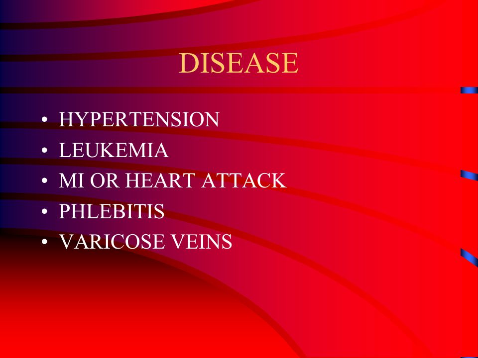 DISEASES ANEMIA ANEURYSM ARTERIOSCLEROSIS ATHEROSCLEROSIS CONGESTIVE HEART FAILURE EMBOLUS HEMOPHILIA