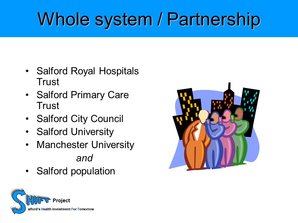 Project HIFT alfords Health Investment For Tomorrow Project HIFT alfords Health Investment For Tomorrow Whole system / Partnership Salford Royal Hospitals Trust Salford Primary Care Trust Salford City Council Salford University Manchester University and Salford population