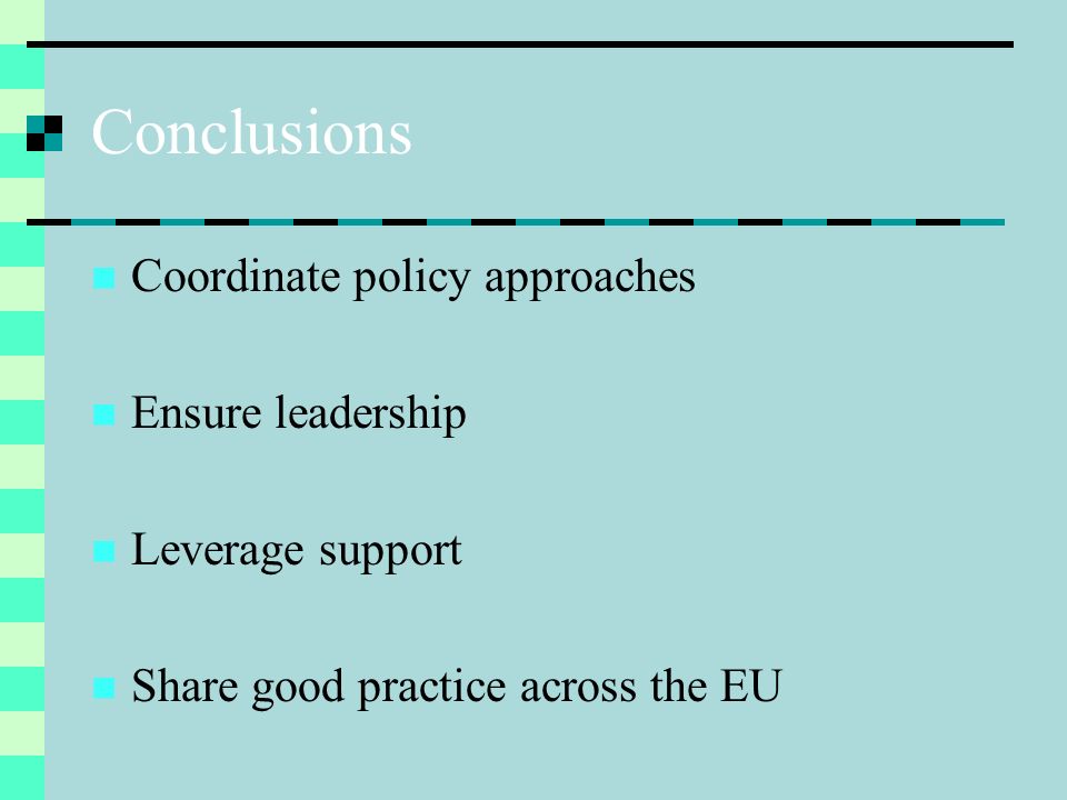 Conclusions Coordinate policy approaches Ensure leadership Leverage support Share good practice across the EU