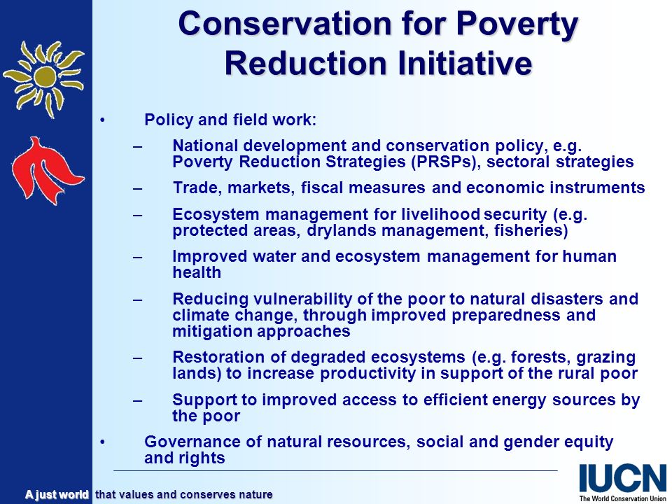 A just world that values and conserves nature Conservation for Poverty Reduction Initiative Policy and field work: –National development and conservation policy, e.g.