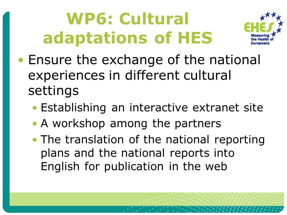 WP6: Cultural adaptations of HES Ensure the exchange of the national experiences in different cultural settings Establishing an interactive extranet site A workshop among the partners The translation of the national reporting plans and the national reports into English for publication in the web