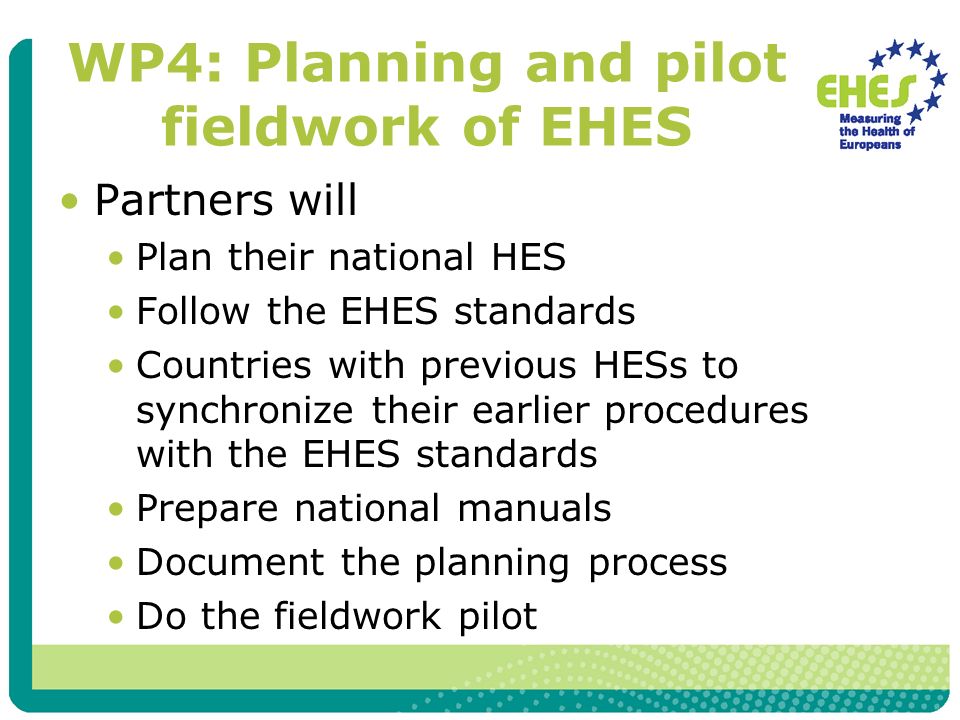 WP4: Planning and pilot fieldwork of EHES Partners will Plan their national HES Follow the EHES standards Countries with previous HESs to synchronize their earlier procedures with the EHES standards Prepare national manuals Document the planning process Do the fieldwork pilot