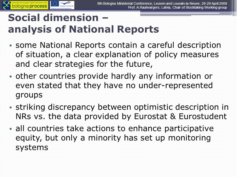Social dimension – analysis of National Reports some National Reports contain a careful description of situation, a clear explanation of policy measures and clear strategies for the future, other countries provide hardly any information or even stated that they have no under-represented groups striking discrepancy between optimistic description in NRs vs.