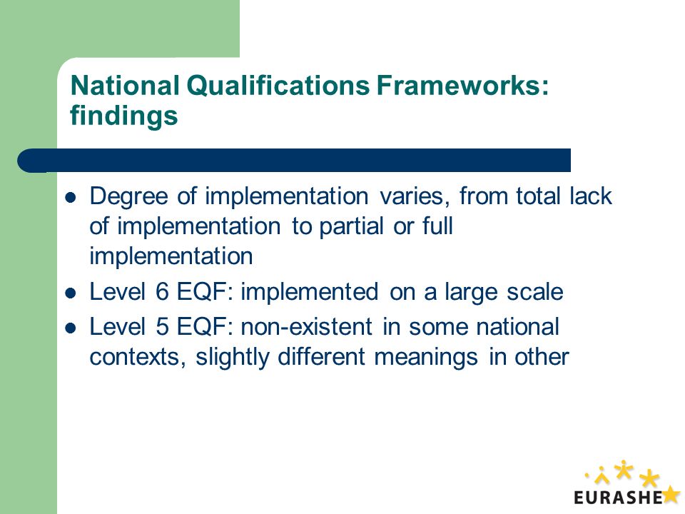 National Qualifications Frameworks: findings Degree of implementation varies, from total lack of implementation to partial or full implementation Level 6 EQF: implemented on a large scale Level 5 EQF: non-existent in some national contexts, slightly different meanings in other
