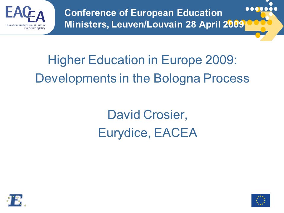 Conference of European Education Ministers, Leuven/Louvain 28 April 2009 Higher Education in Europe 2009: Developments in the Bologna Process David Crosier, Eurydice, EACEA
