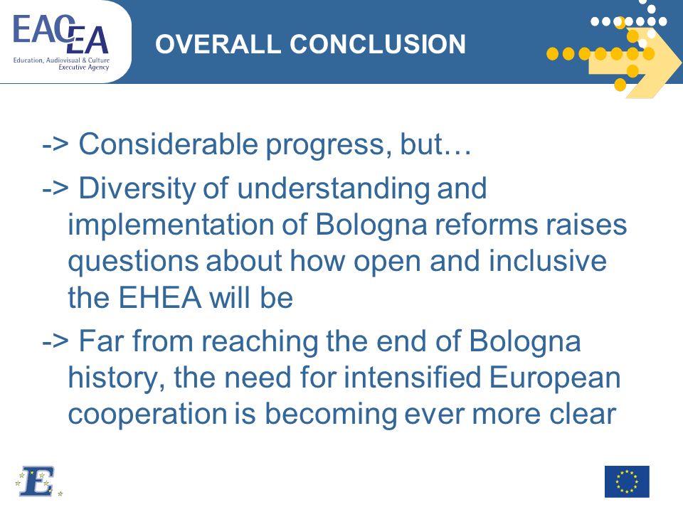 OVERALL CONCLUSION -> Considerable progress, but… -> Diversity of understanding and implementation of Bologna reforms raises questions about how open and inclusive the EHEA will be -> Far from reaching the end of Bologna history, the need for intensified European cooperation is becoming ever more clear
