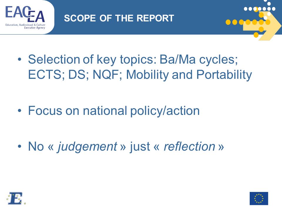SCOPE OF THE REPORT Selection of key topics: Ba/Ma cycles; ECTS; DS; NQF; Mobility and Portability Focus on national policy/action No « judgement » just « reflection »