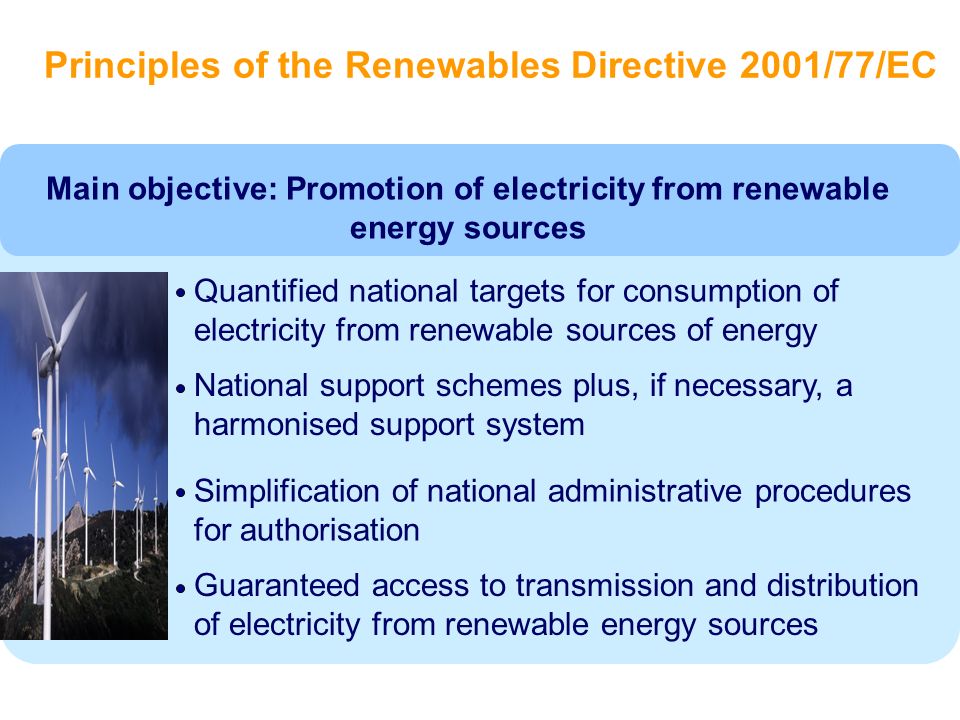 Principles of the Renewables Directive 2001/77/EC Quantified national targets for consumption of electricity from renewable sources of energy National support schemes plus, if necessary, a harmonised support system Simplification of national administrative procedures for authorisation Guaranteed access to transmission and distribution of electricity from renewable energy sources Main objective: Promotion of electricity from renewable energy sources