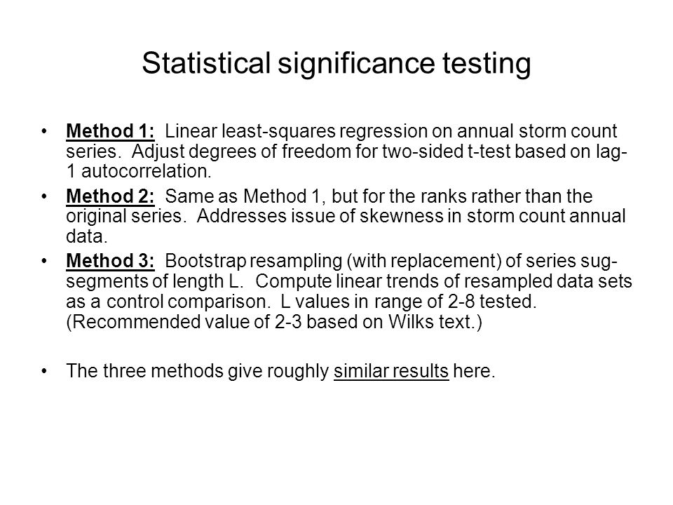 Statistical significance testing Method 1: Linear least-squares regression on annual storm count series.