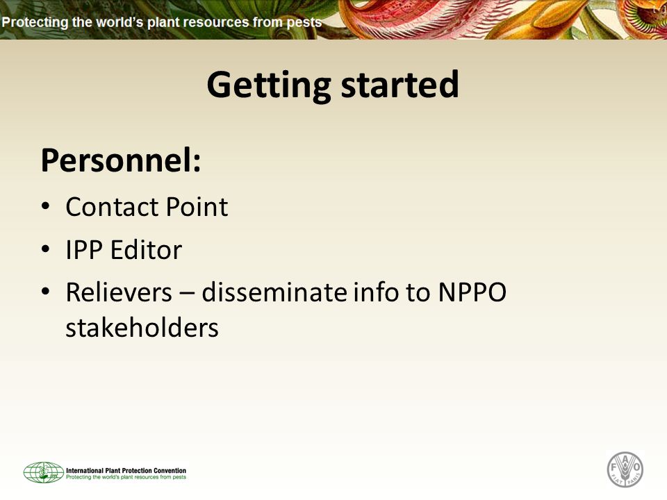 Getting started Personnel: Contact Point IPP Editor Relievers – disseminate info to NPPO stakeholders