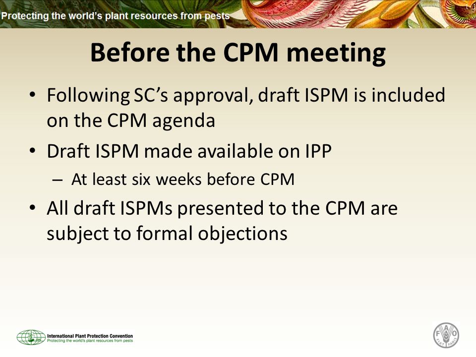 Before the CPM meeting Following SCs approval, draft ISPM is included on the CPM agenda Draft ISPM made available on IPP – At least six weeks before CPM All draft ISPMs presented to the CPM are subject to formal objections