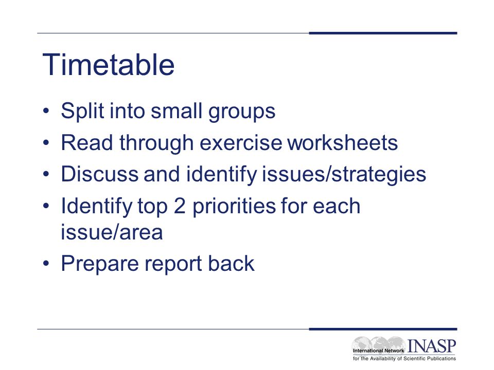 Timetable Split into small groups Read through exercise worksheets Discuss and identify issues/strategies Identify top 2 priorities for each issue/area Prepare report back