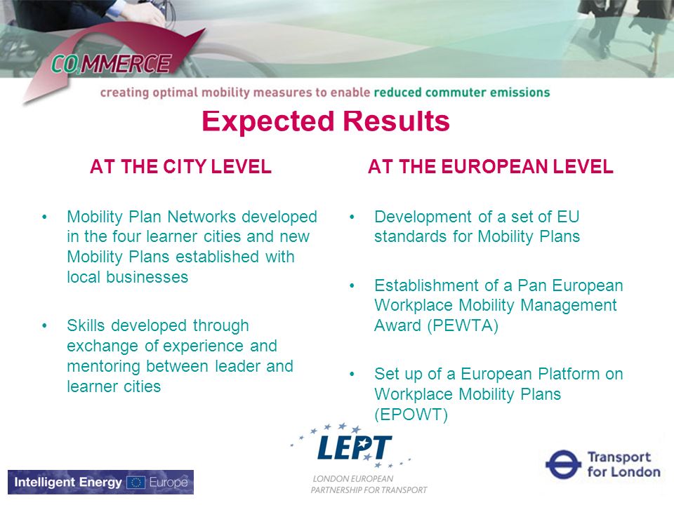 Expected Results AT THE CITY LEVEL Mobility Plan Networks developed in the four learner cities and new Mobility Plans established with local businesses Skills developed through exchange of experience and mentoring between leader and learner cities AT THE EUROPEAN LEVEL Development of a set of EU standards for Mobility Plans Establishment of a Pan European Workplace Mobility Management Award (PEWTA) Set up of a European Platform on Workplace Mobility Plans (EPOWT)