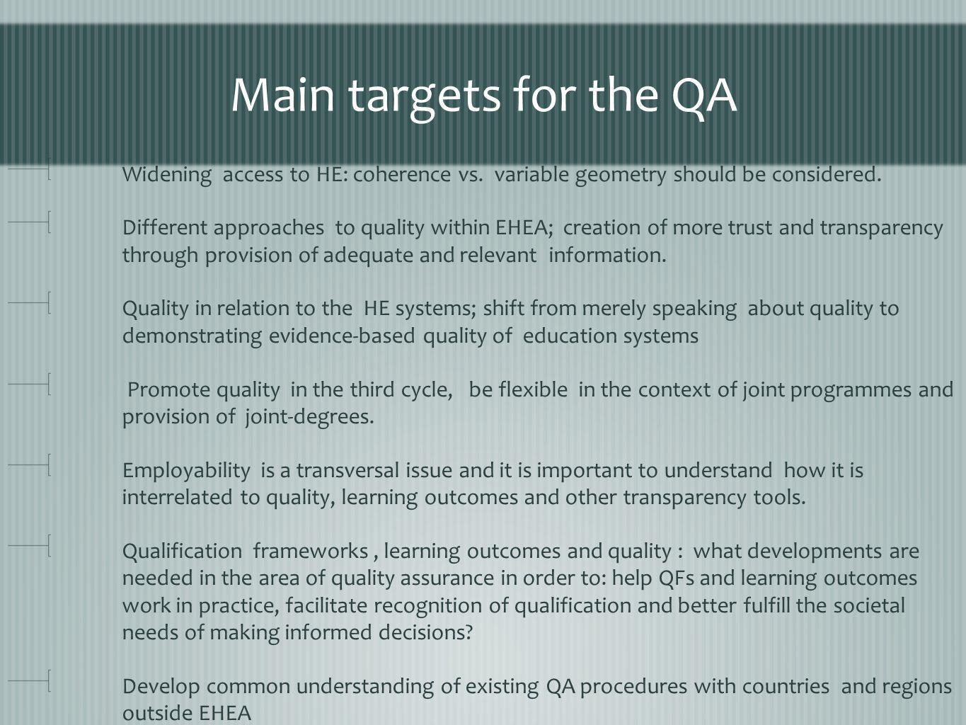 Main targets for the QA Widening access to HE: coherence vs.