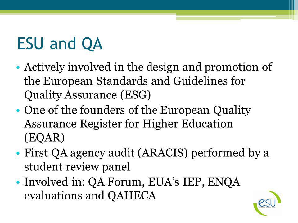 ESU and QA Actively involved in the design and promotion of the European Standards and Guidelines for Quality Assurance (ESG) One of the founders of the European Quality Assurance Register for Higher Education (EQAR) First QA agency audit (ARACIS) performed by a student review panel Involved in: QA Forum, EUAs IEP, ENQA evaluations and QAHECA