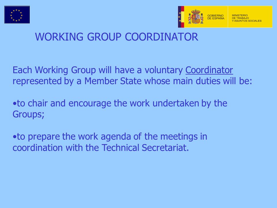 WORKING GROUP COORDINATOR Each Working Group will have a voluntary Coordinator represented by a Member State whose main duties will be: to chair and encourage the work undertaken by the Groups; to prepare the work agenda of the meetings in coordination with the Technical Secretariat.