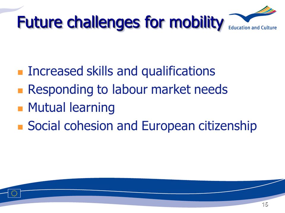 15 Future challenges for mobility Increased skills and qualifications Responding to labour market needs Mutual learning Social cohesion and European citizenship