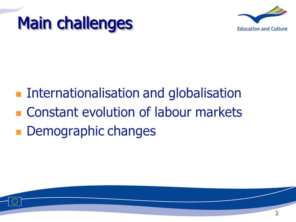 2 Main challenges Internationalisation and globalisation Constant evolution of labour markets Demographic changes