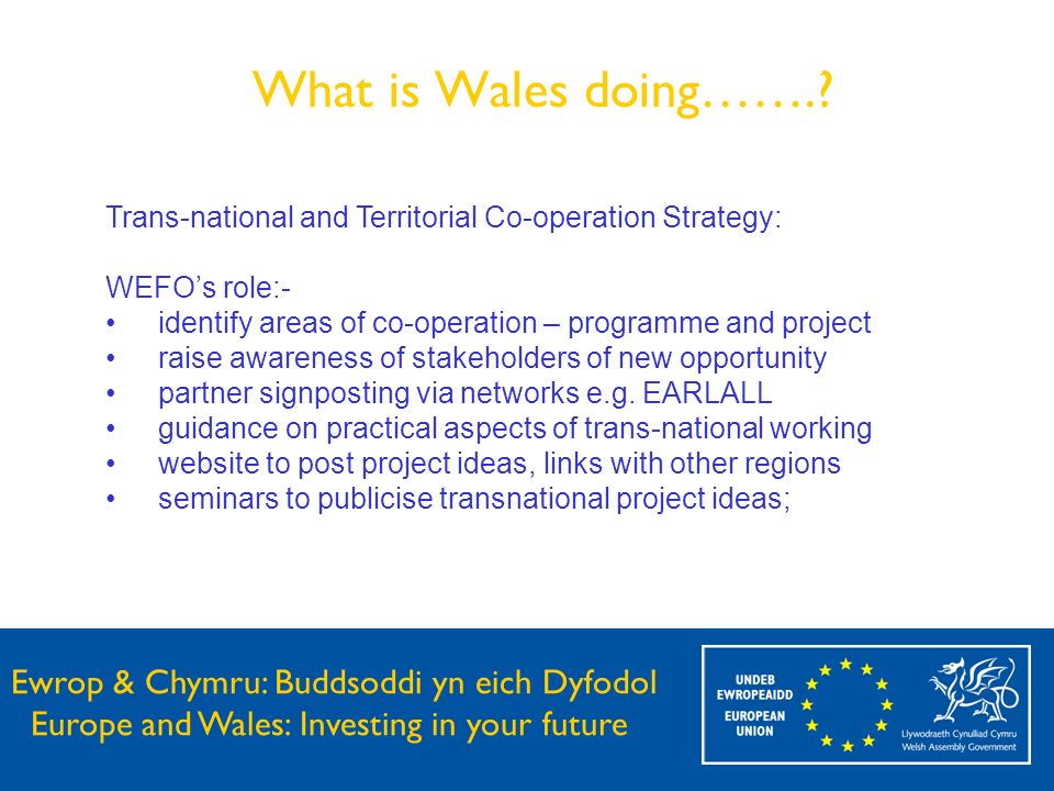 Ewrop & Chymru: Buddsoddi yn eich Dyfodol Europe and Wales: Investing in your future What is Wales doing……..