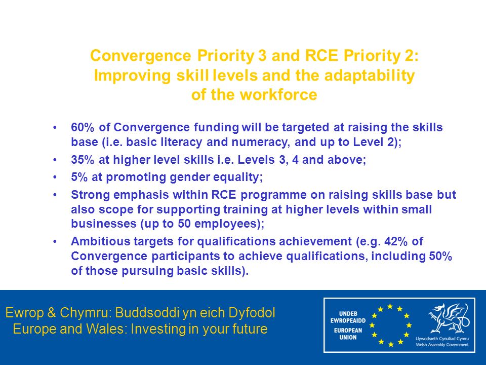 Ewrop & Chymru: Buddsoddi yn eich Dyfodol Europe and Wales: Investing in your future Convergence Priority 3 and RCE Priority 2: Improving skill levels and the adaptability of the workforce 60% of Convergence funding will be targeted at raising the skills base (i.e.