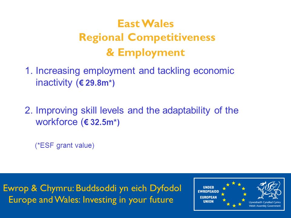 Ewrop & Chymru: Buddsoddi yn eich Dyfodol Europe and Wales: Investing in your future East Wales Regional Competitiveness & Employment 1.Increasing employment and tackling economic inactivity ( 29.8m*) 2.Improving skill levels and the adaptability of the workforce ( 32.5m*) (*ESF grant value)