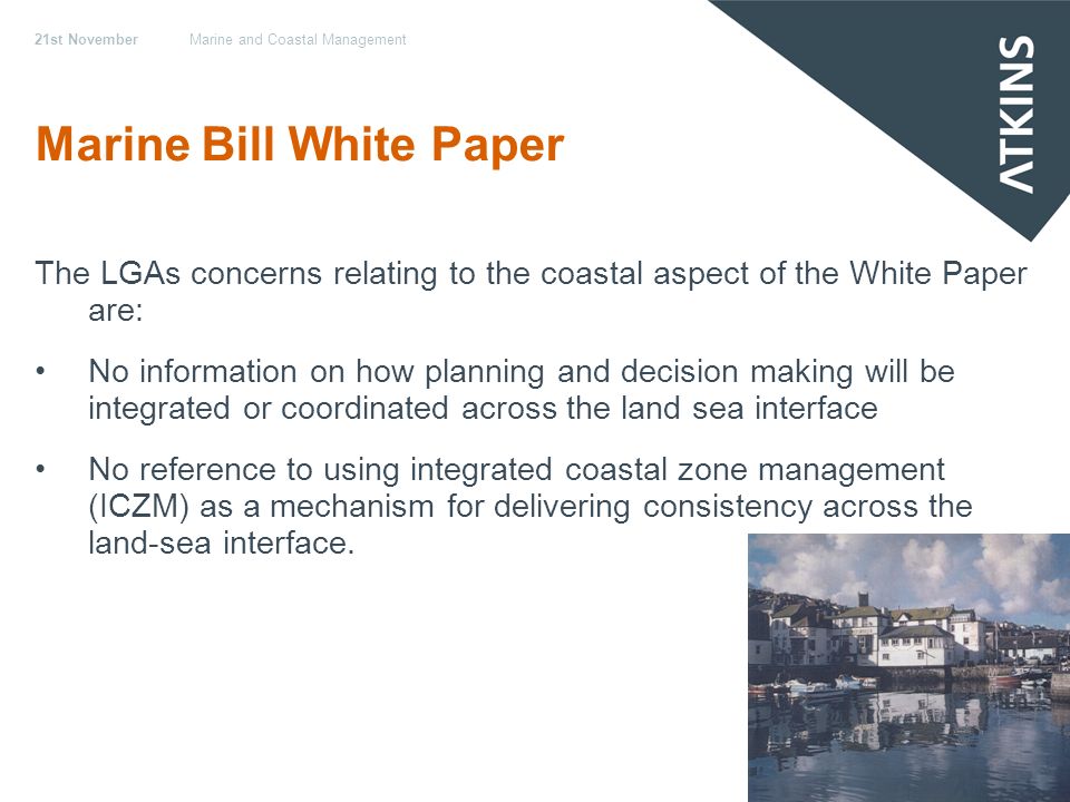 21st NovemberMarine and Coastal Management Marine Bill White Paper The LGAs concerns relating to the coastal aspect of the White Paper are: No information on how planning and decision making will be integrated or coordinated across the land sea interface No reference to using integrated coastal zone management (ICZM) as a mechanism for delivering consistency across the land-sea interface.