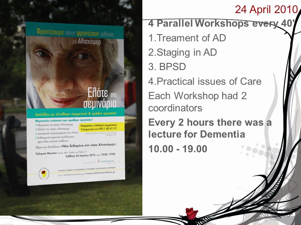 24 April Parallel Workshops every 40 1.Treament of AD 2.Staging in AD 3.