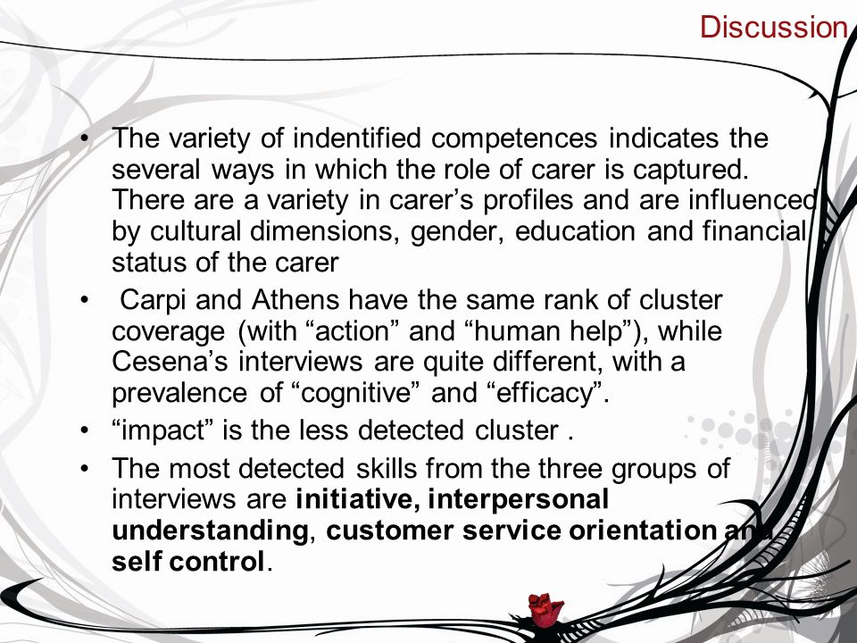 Discussion The variety of indentified competences indicates the several ways in which the role of carer is captured.