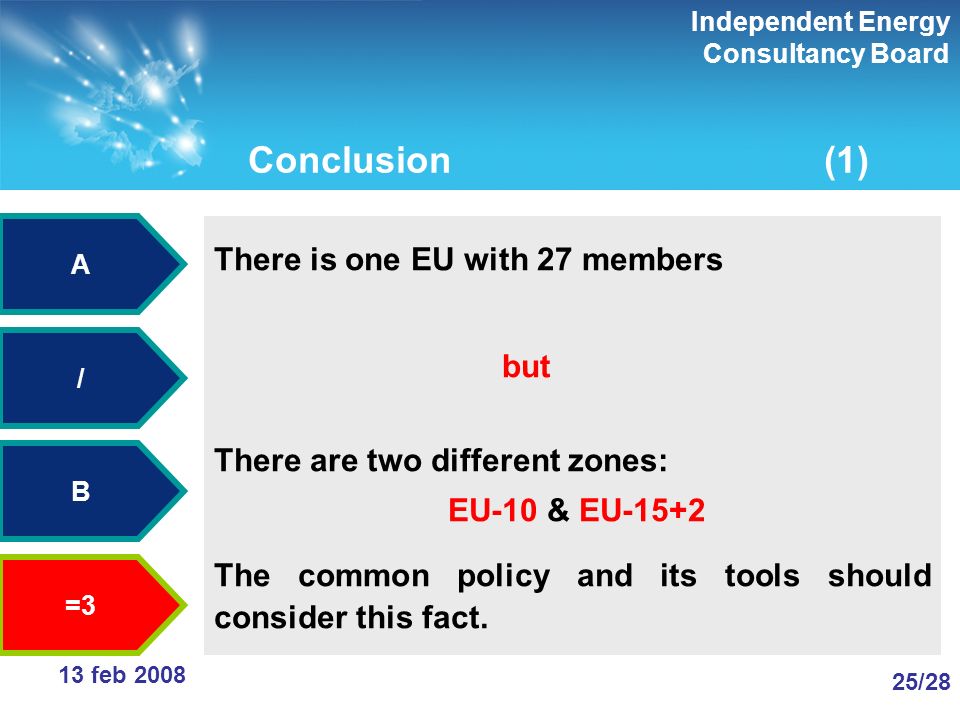 Independent Energy Consultancy Board 25/28 13 feb 2008 Conclusion (1) There is one EU with 27 members but There are two different zones: EU-10 & EU-15+2 The common policy and its tools should consider this fact.