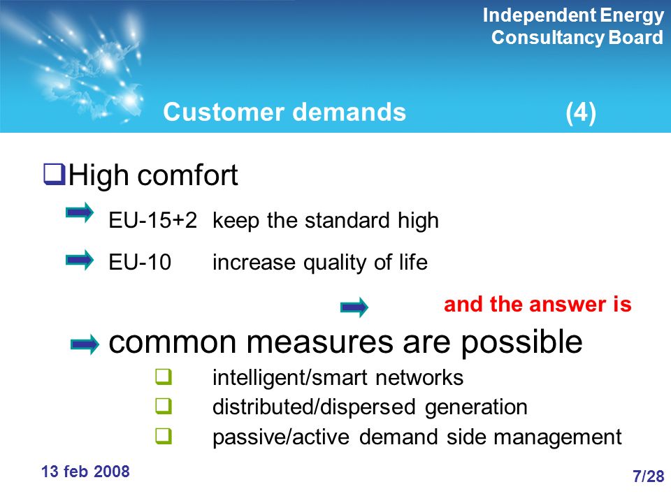 Independent Energy Consultancy Board 7/287/28 13 feb 2008 Customer demands(4) High comfort EU-15+2keep the standard high EU-10increase quality of life and the answer is common measures are possible intelligent/smart networks distributed/dispersed generation passive/active demand side management