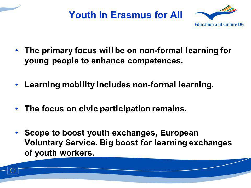 Youth in Erasmus for All The primary focus will be on non-formal learning for young people to enhance competences.