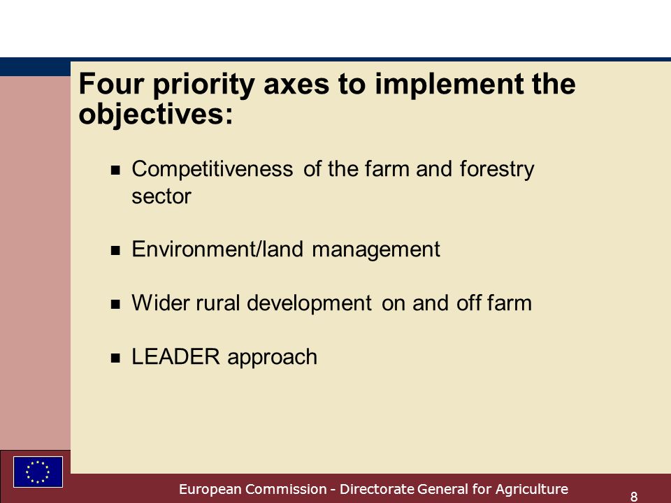 European Commission - Directorate General for Agriculture 8 Four priority axes to implement the objectives: n Competitiveness of the farm and forestry sector n Environment/land management n Wider rural development on and off farm n LEADER approach
