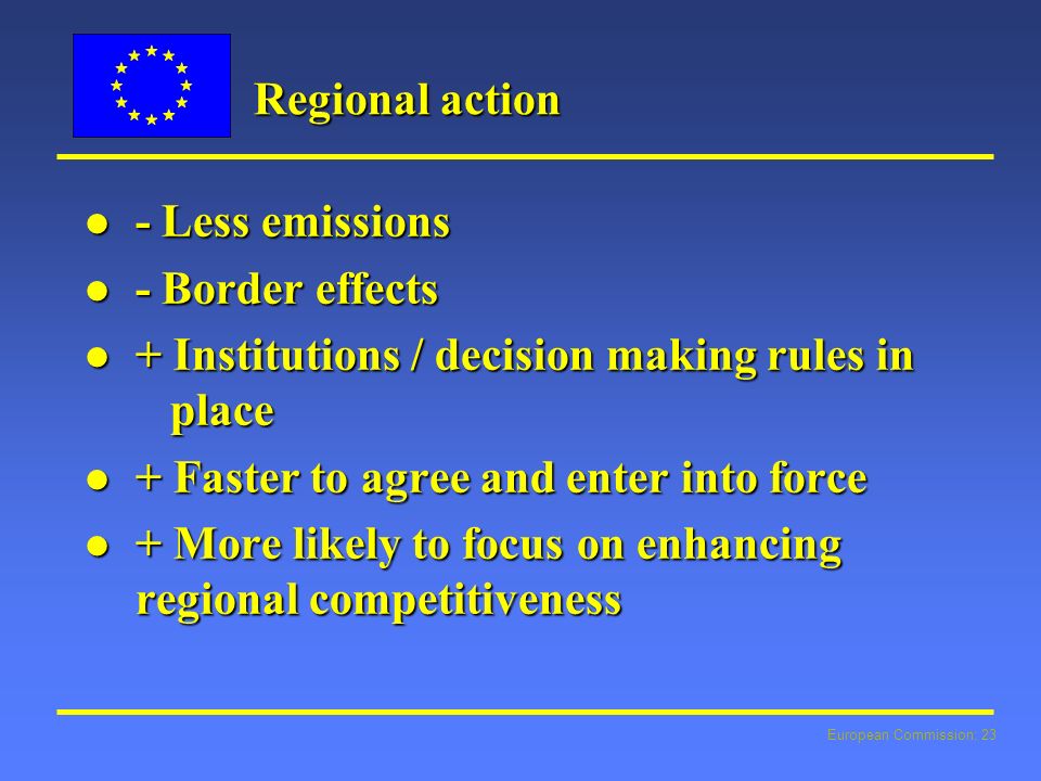 European Commission: 23 Regional action l - Less emissions l - Border effects l + Institutions / decision making rules in place l + Faster to agree and enter into force l + More likely to focus on enhancing regional competitiveness