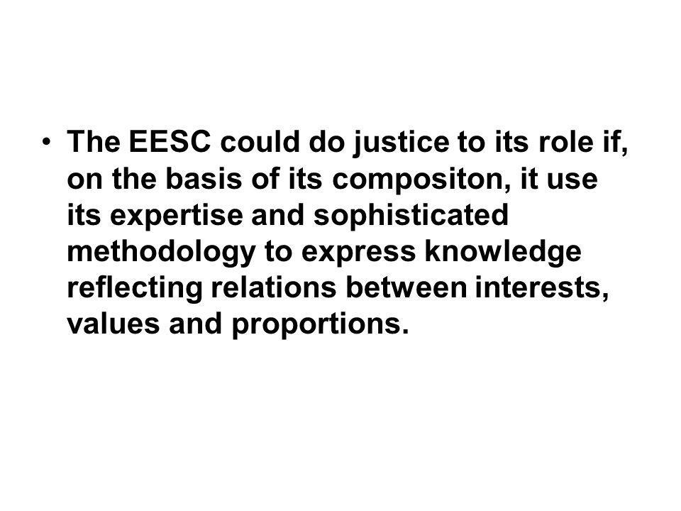 The EESC could do justice to its role if, on the basis of its compositon, it use its expertise and sophisticated methodology to express knowledge reflecting relations between interests, values and proportions.