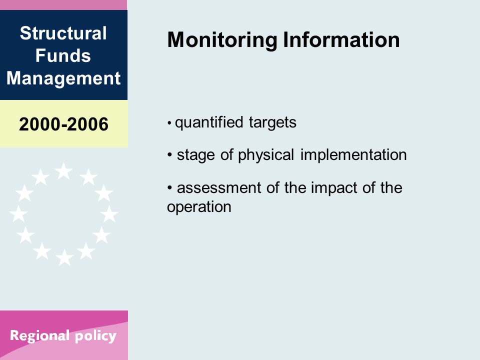 Structural Funds Management Monitoring Information quantified targets stage of physical implementation assessment of the impact of the operation