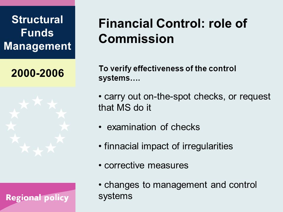 Structural Funds Management Financial Control: role of Commission To verify effectiveness of the control systems….