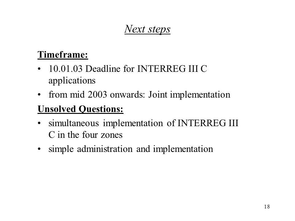 18 Timeframe: Deadline for INTERREG III C applications from mid 2003 onwards: Joint implementation Unsolved Questions: simultaneous implementation of INTERREG III C in the four zones simple administration and implementation Next steps